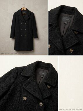 Ann Taylor Black Wool Double-Breasted Trench Coat, Size Medium- Exc